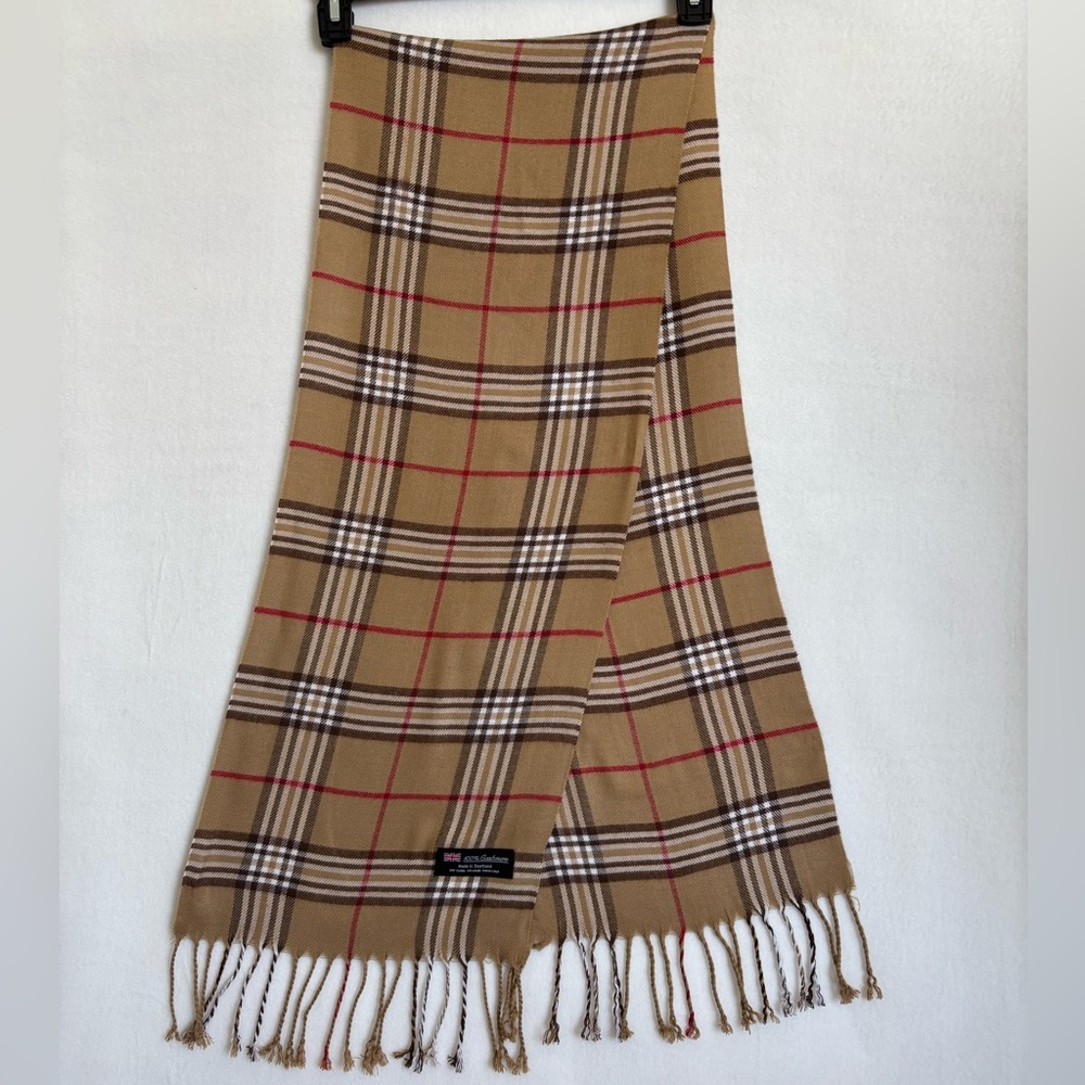 Classic Unisex Tan Plaid Scarf 100% Cashmere Made in Scotland 12” X 65”